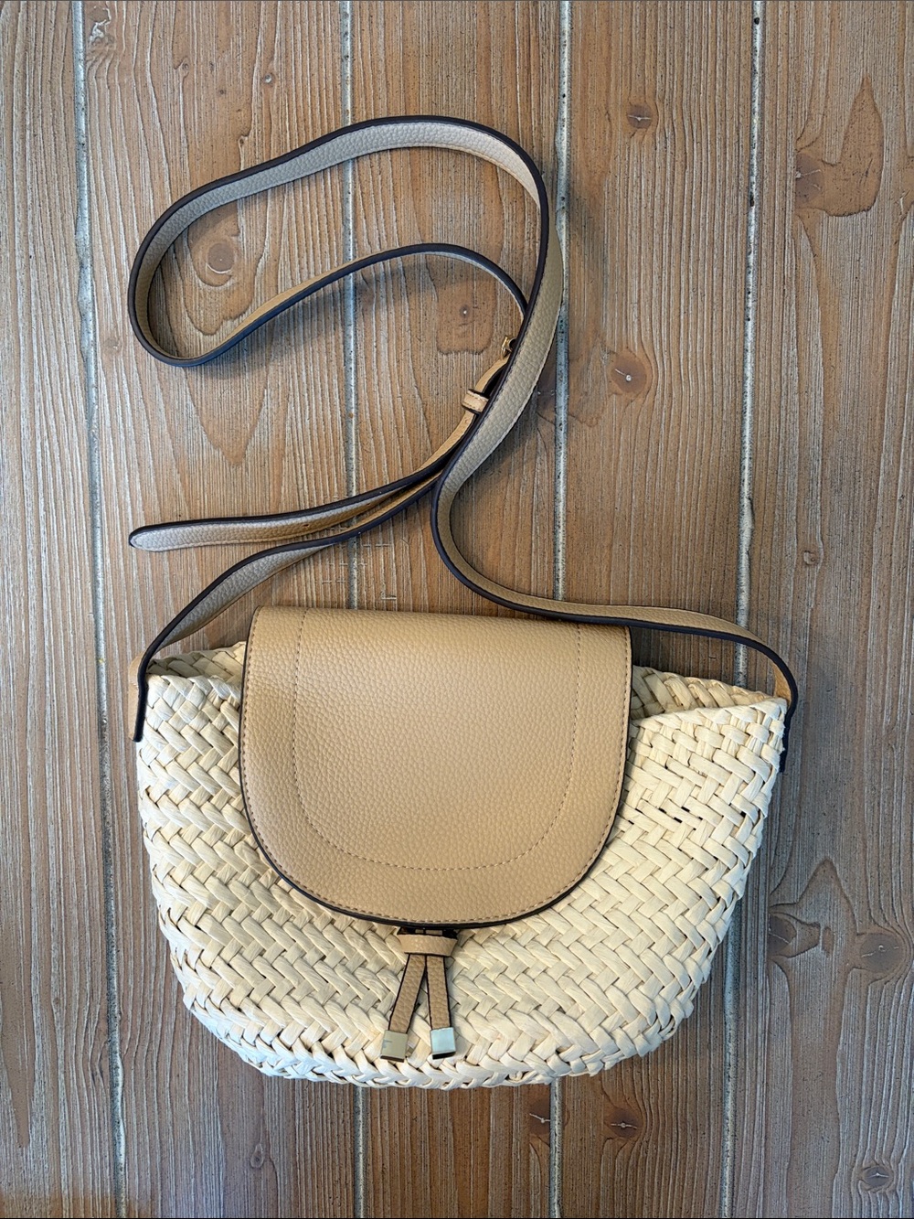 Just Fab Neutral Woven Crossbody Bag with Beige Leather Flap